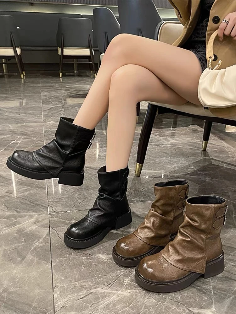 马丁靴女厚底短靴2025年春秋新款短筒复古棕色堆堆靴西部靴裤管靴