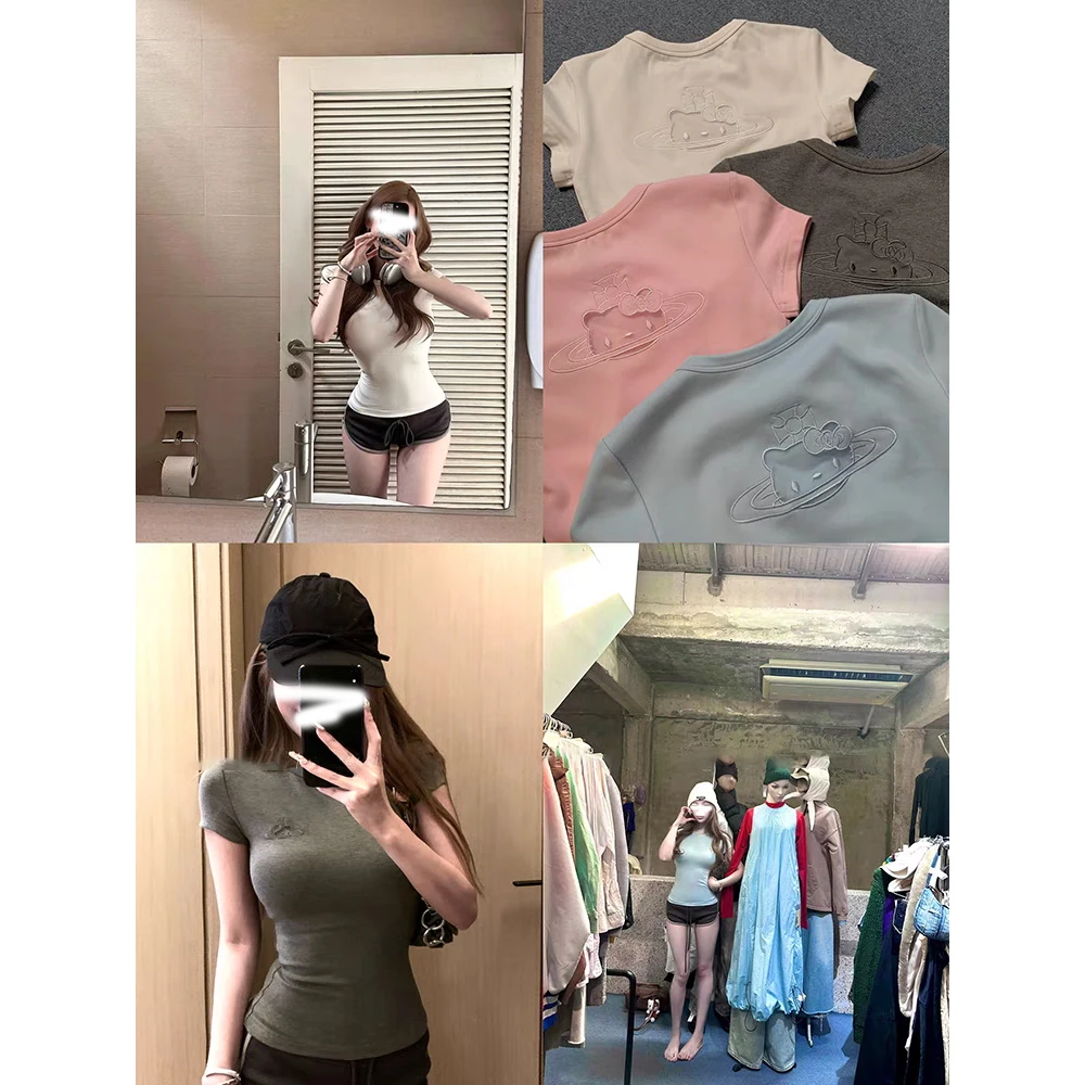 kt能手设计感镂空刺绣kt收腰正肩辣妹短袖T恤女修身显瘦上衣夏季