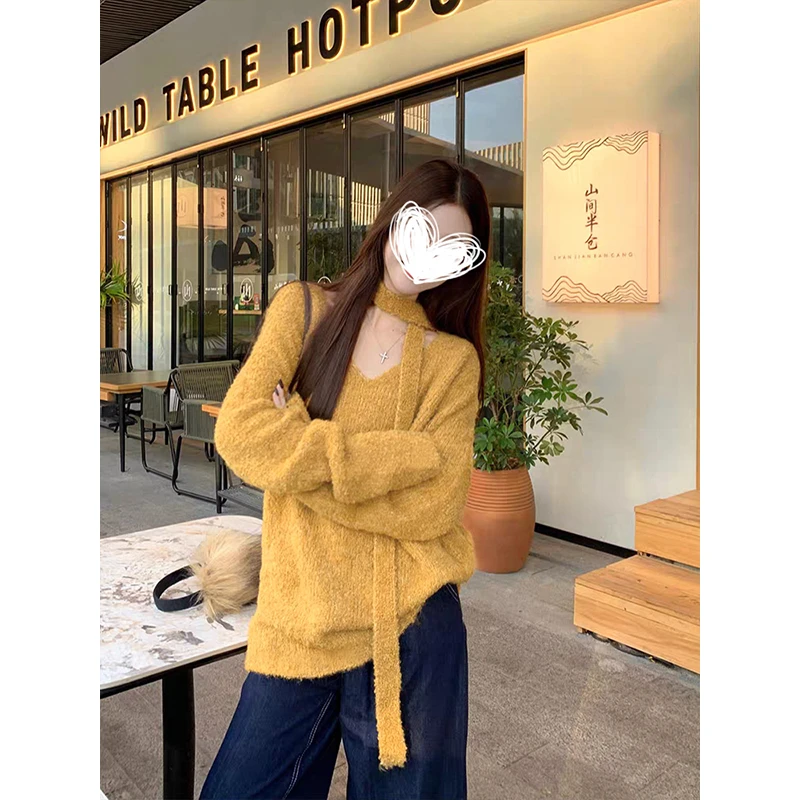 2025韩版新款显白黄色V领长袖毛衣女秋冬软糯飘带针织衫