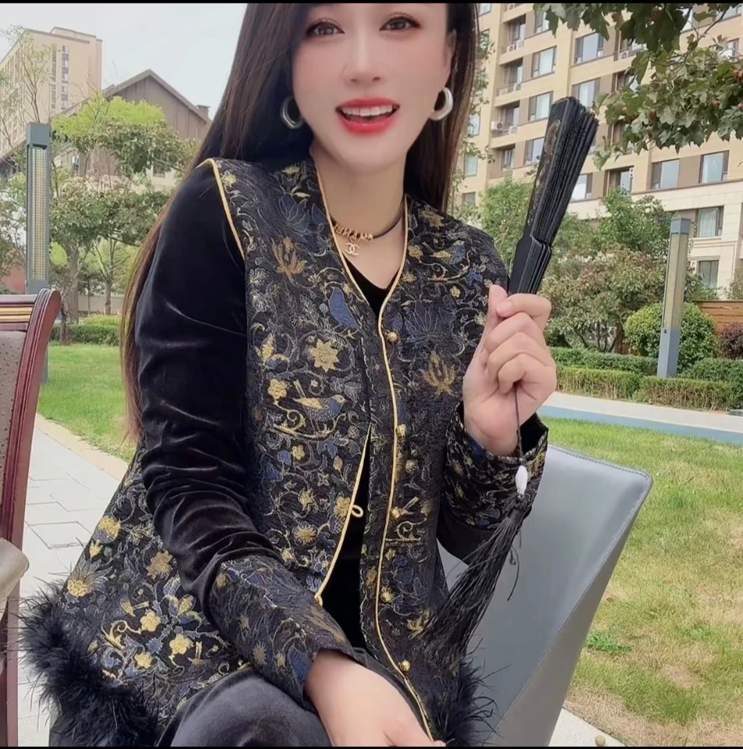 国风网红新中式马甲女提花2025秋季新款复古盘扣无袖马夹两件套