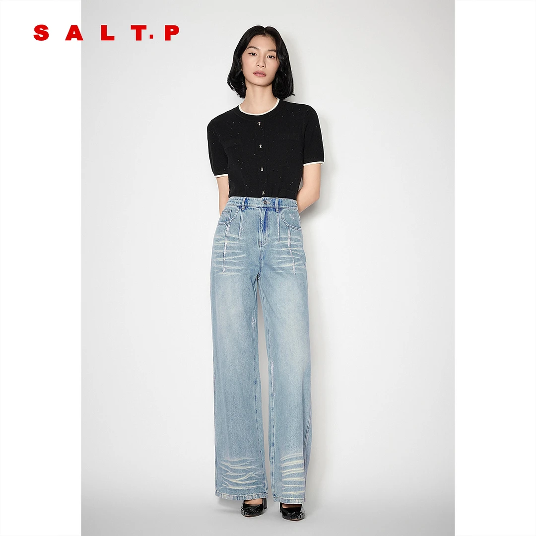 SALT.P可颜2025夏季新款复古高腰阔腿刷银牛仔裤女