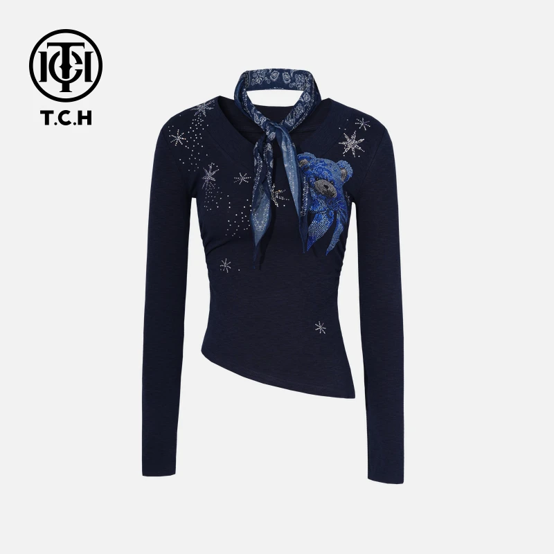 TCH私服烫钻工艺时尚休闲百搭小熊长袖T恤女T75C08E5003轻奢tch