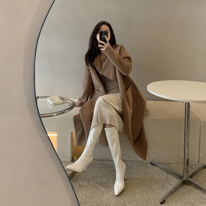 原创设计！巨舒服~棕色尖头高跟不过膝瘦瘦长靴爆款高筒弹力靴女