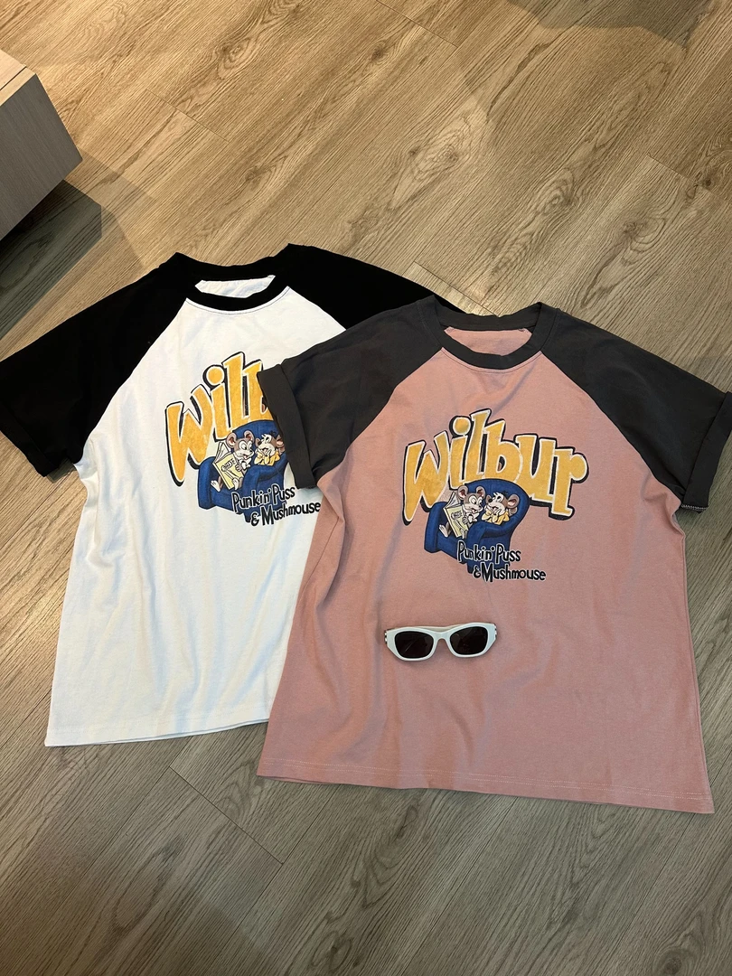 【不得不爱】2025夏季新款韩系宽松休闲卡通减龄印花短袖拼色T恤