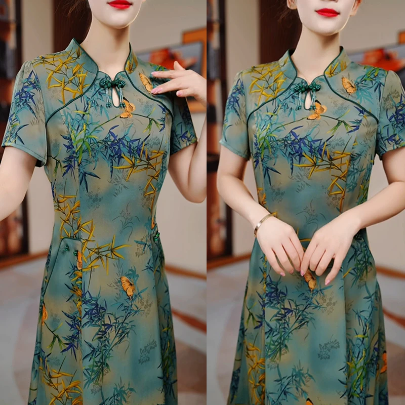 新款竹叶修身收腰显瘦遮肉女装连衣裙H5B113优雅气质妈妈装