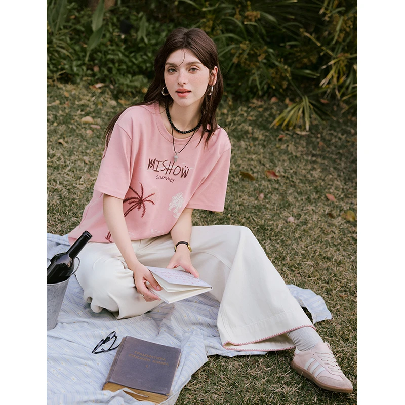 【女装优选WL】谜秀复古度假风印花t恤女宽松短袖上衣女MXE31T0516
