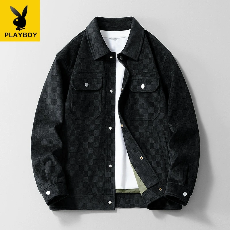 花花公子春秋季新款2025年男士夹克潮流百搭工装外套青年格子上衣
