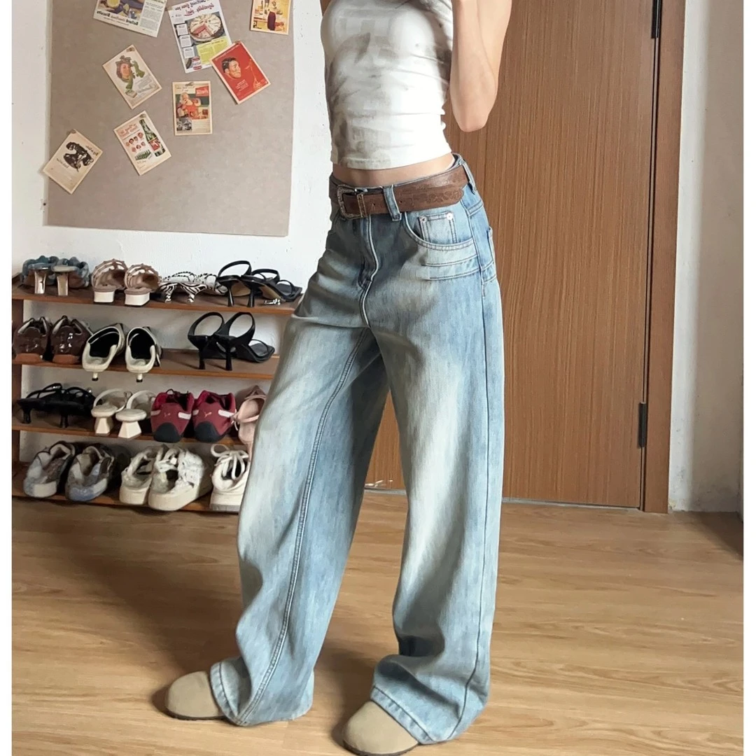 慵懒风夏季蓝色直筒牛仔裤女设计感高腰显瘦百搭休闲宽松阔腿裤子