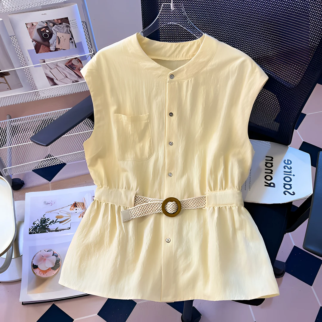 法式圆领气质减龄无袖衬衫夏季2025新款时尚系带收腰别致百搭上衣