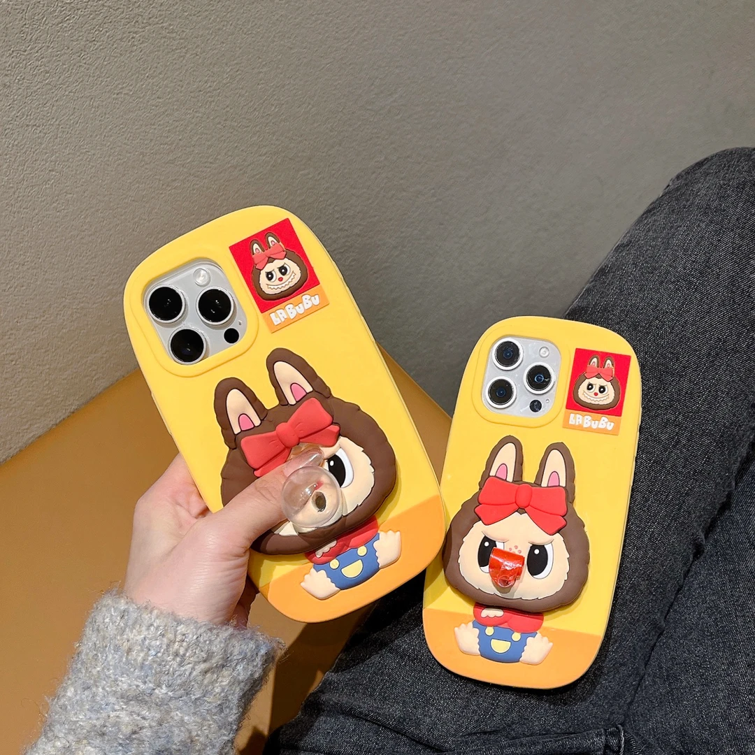 (苹果)吹泡泡拉布布卡通可爱适用iPhone16女款创意立体硅胶手机壳