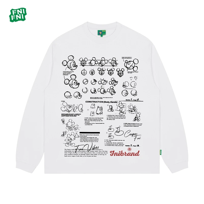 FNI国潮重磅纯棉（米奇构图）男女同款t恤美式复古圆领长袖新款直喷