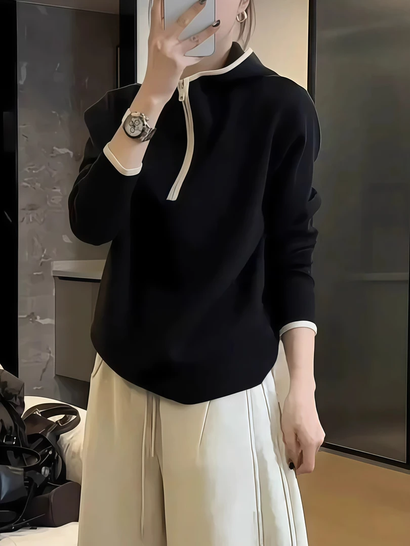 2025秋冬新款设计感小众半拉链连帽卫衣新款宽松显瘦上衣外套女潮