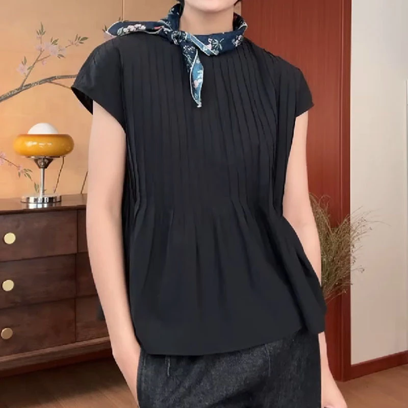 韩系chic极简风褶皱荷叶边无袖衬衫夏季别致宽松轻薄显瘦圆领上衣