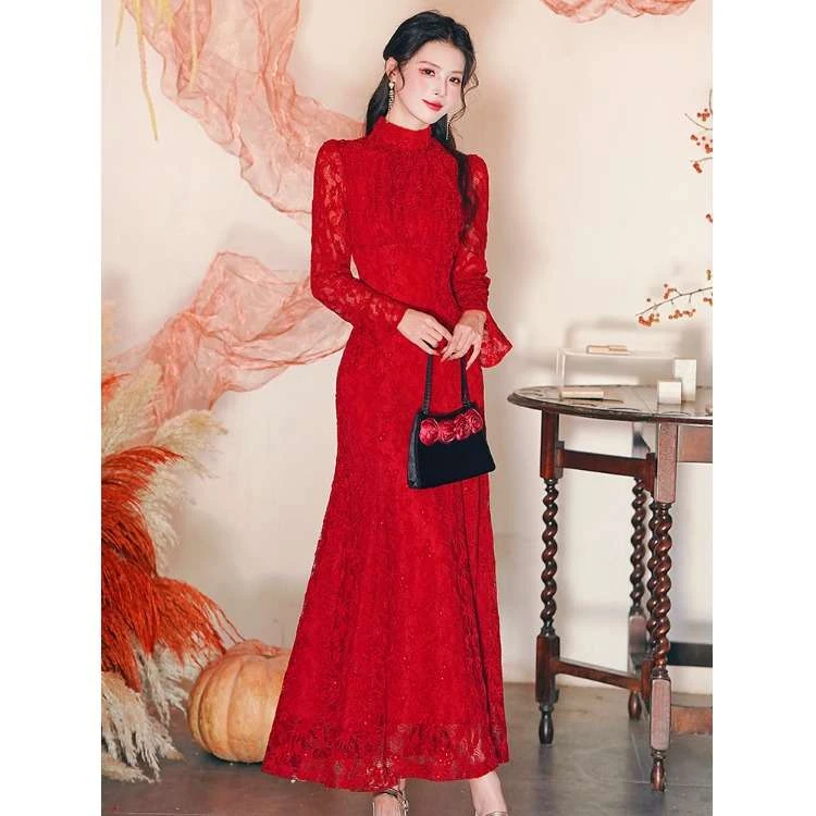 高级感法式轻奢优雅礼服长裙2025秋冬季新款订婚回门蕾丝连衣裙女