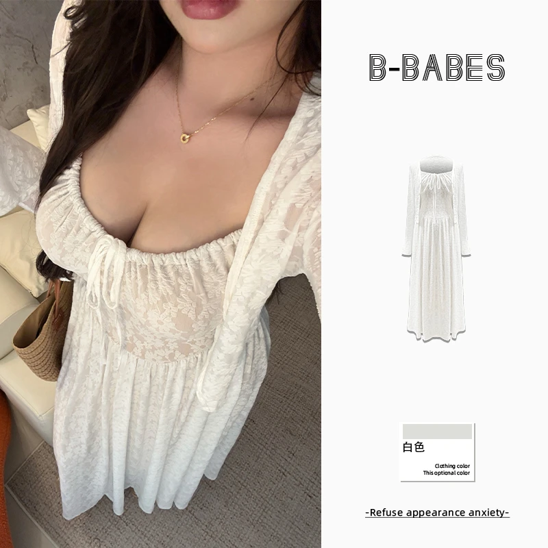 B-babes【纯欲白花】设计款法式白色蕾丝弹力提花开衫吊带长裙套装