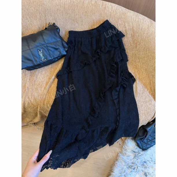 LIN小白 秋冬款｜加绒里花边蕾丝高腰半身裙9099