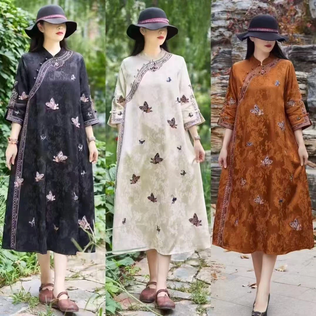 【爱漂亮】民族风缎面提花长款盘扣立领国风复古连衣裙