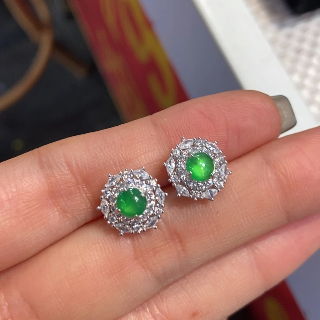 翡翠银S925镶嵌耳饰天然缅甸