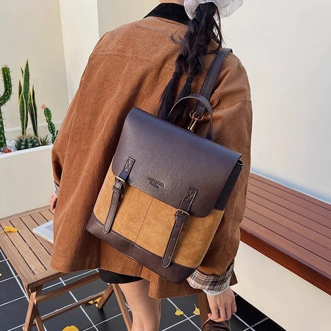 麂皮绒复古双肩包女大容量休闲学生上课书包户外登山轻便旅游背包