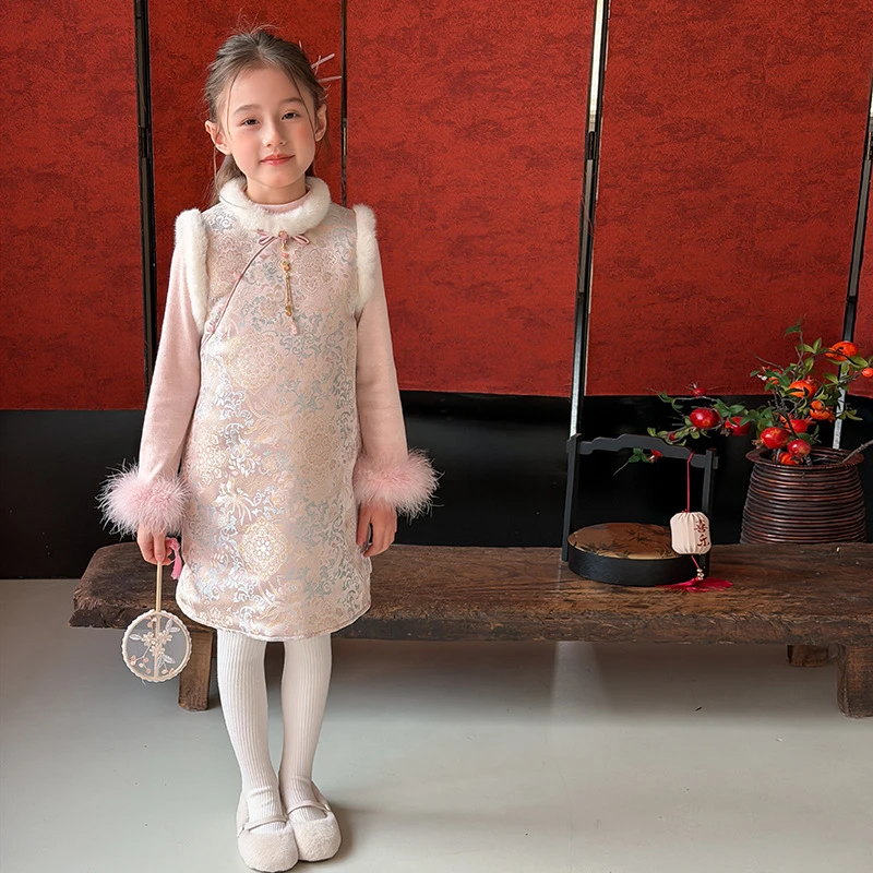【拜年服缎面旗袍裙】儿童冬新中式毛毛拼接女童夹棉背心裙25M011-1