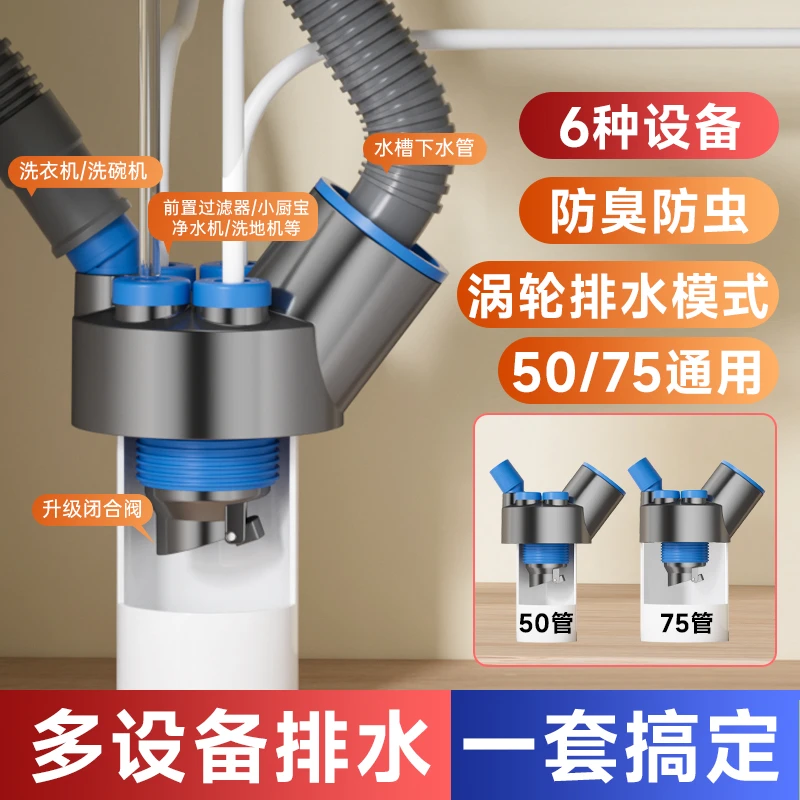厨房下水管防返臭神器下水道三头通洗碗机集成分水器密封塞洗菜盆
