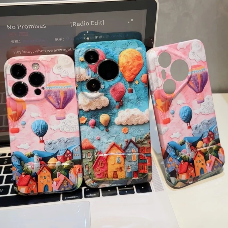 GGBond抽象油画小镇支架适用苹果16菲林手机壳华为vivo小米15oppo