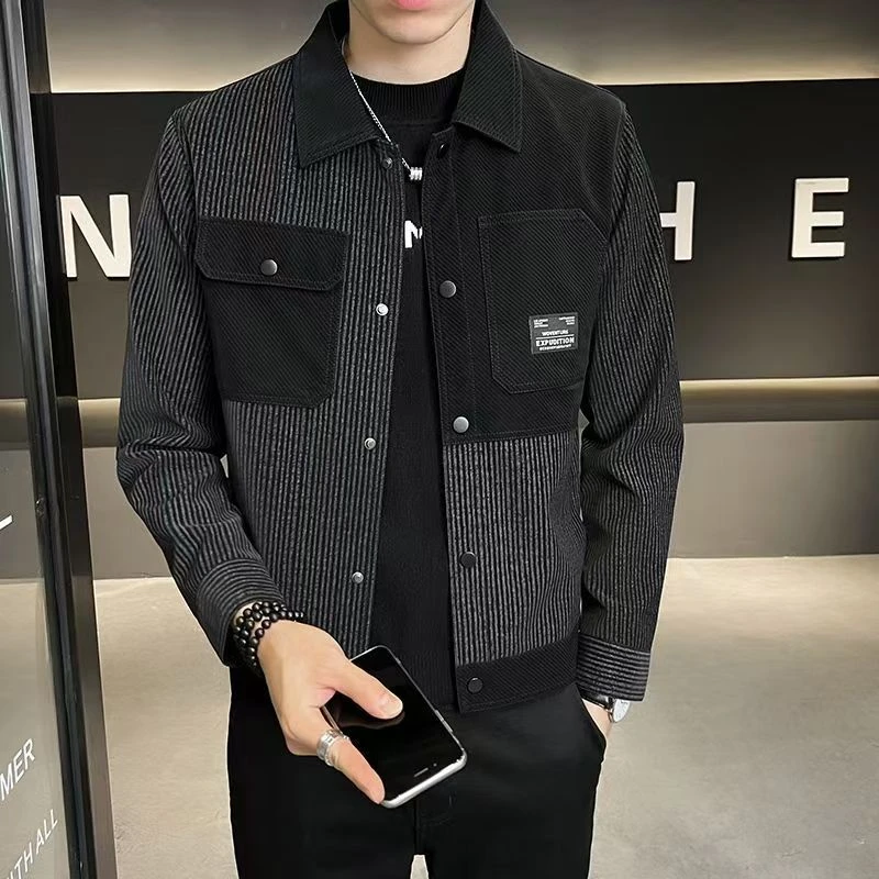 9911加绒秋冬款外套男韩版修身百搭休闲工装条纹拼接皮衣工装翻领