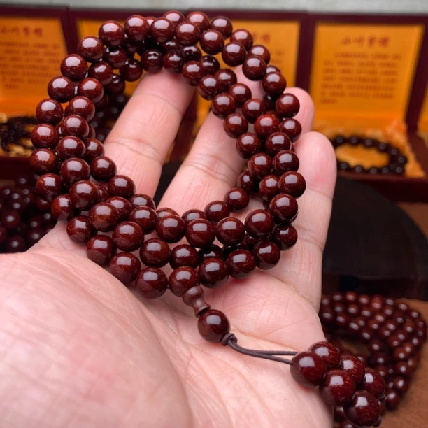 印尼金星紫檀手串0.8老料泥料108颗爆满真金星男女高油高密