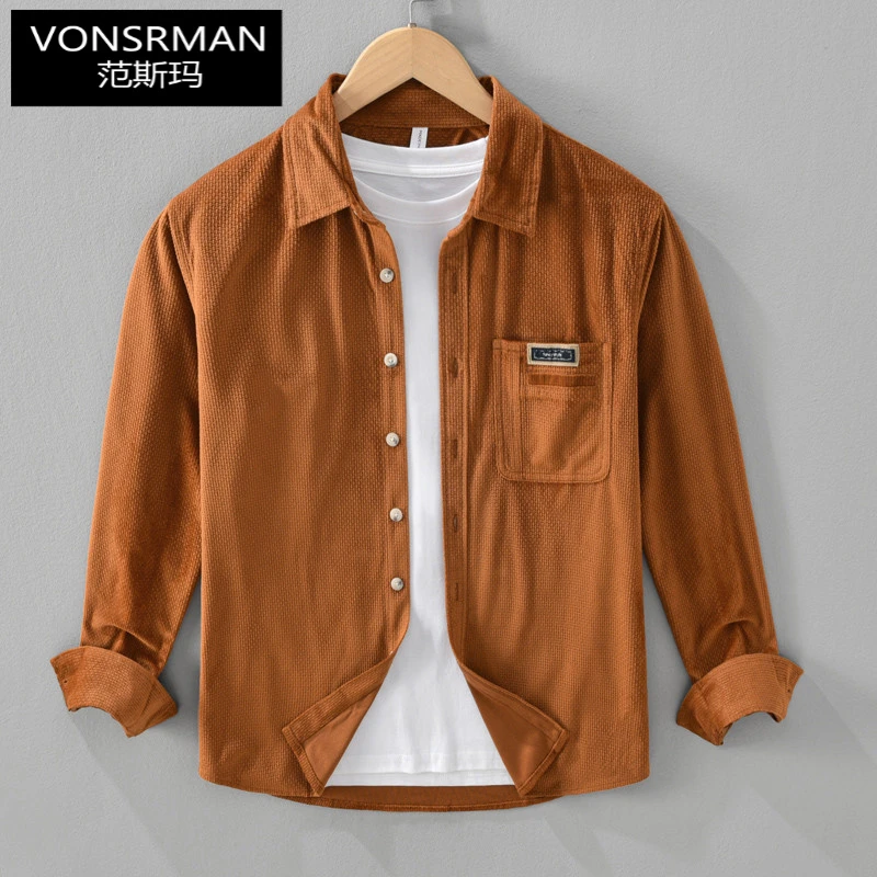 小清新衬衫男长袖秋装上衣寸衫文艺潮流时尚帅气灯芯绒衬衣外套