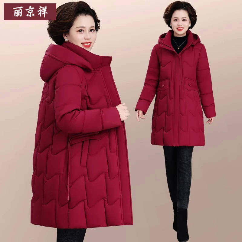 洋气妈妈冬装棉衣外套中老年人羽绒棉服女中长款连帽大码红色棉袄