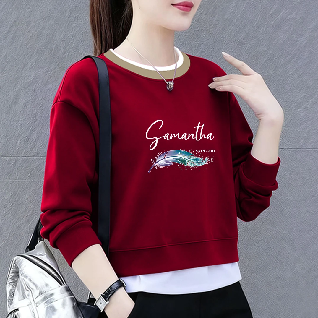 欧棉新款圆领卫衣女宽松韩版秋冬季加厚假两件无帽长袖百搭上衣女