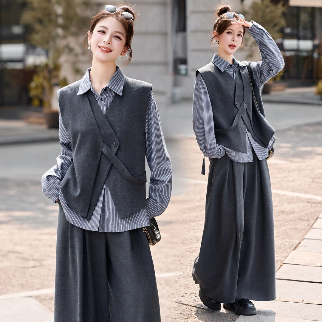韩系不规则马甲条纹衬衫套装2025春秋新款慵懒风气质阔腿裤三件套