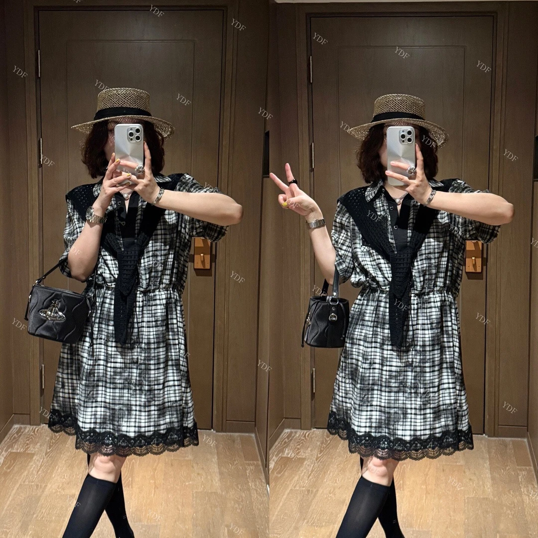YDFSTUDIO小众【万变姿态】高品披肩设计格纹翻领拼接蕾丝连衣裙女