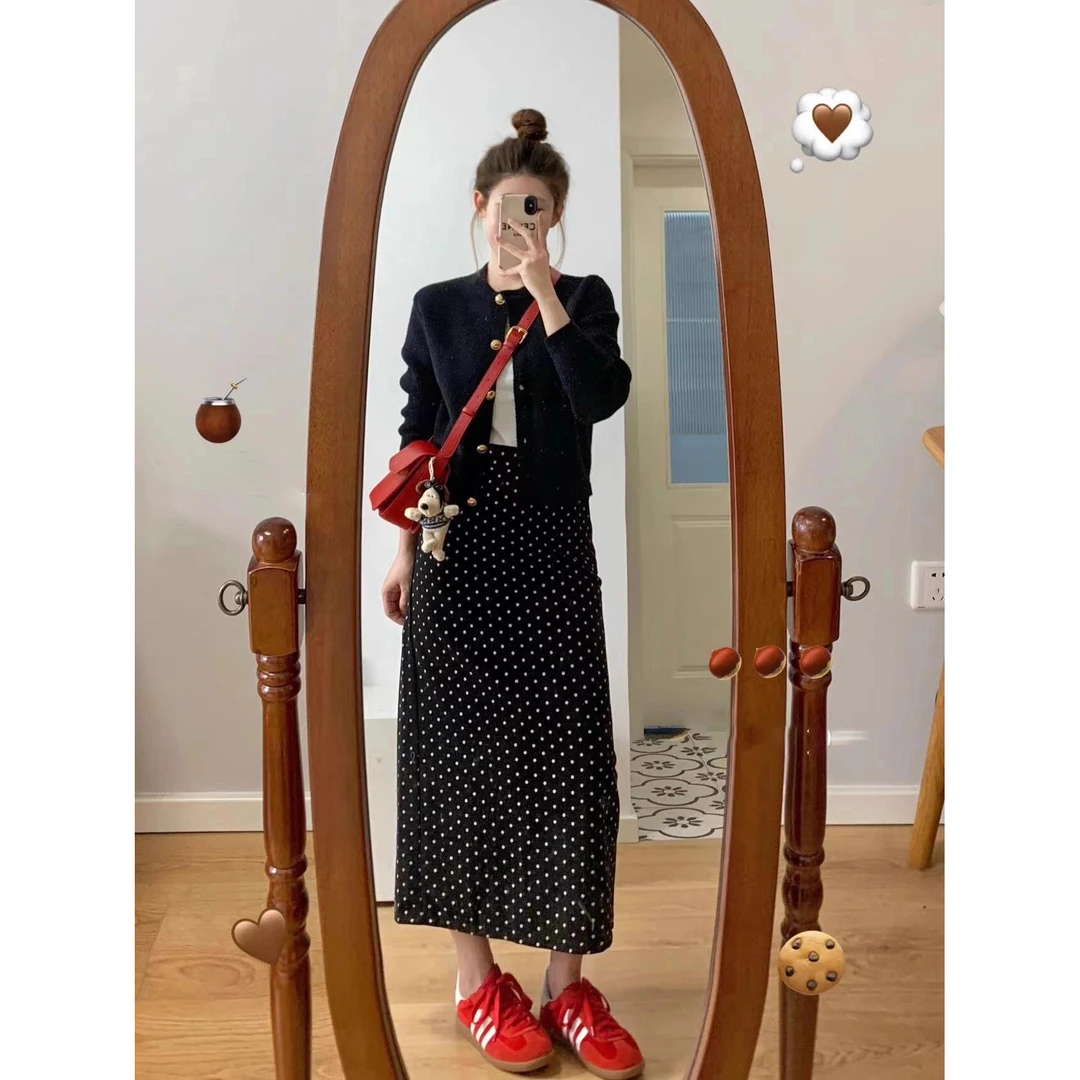 黑色波点连衣裙子女秋季新款小个子香风针织衫三件套穿搭一整套装
