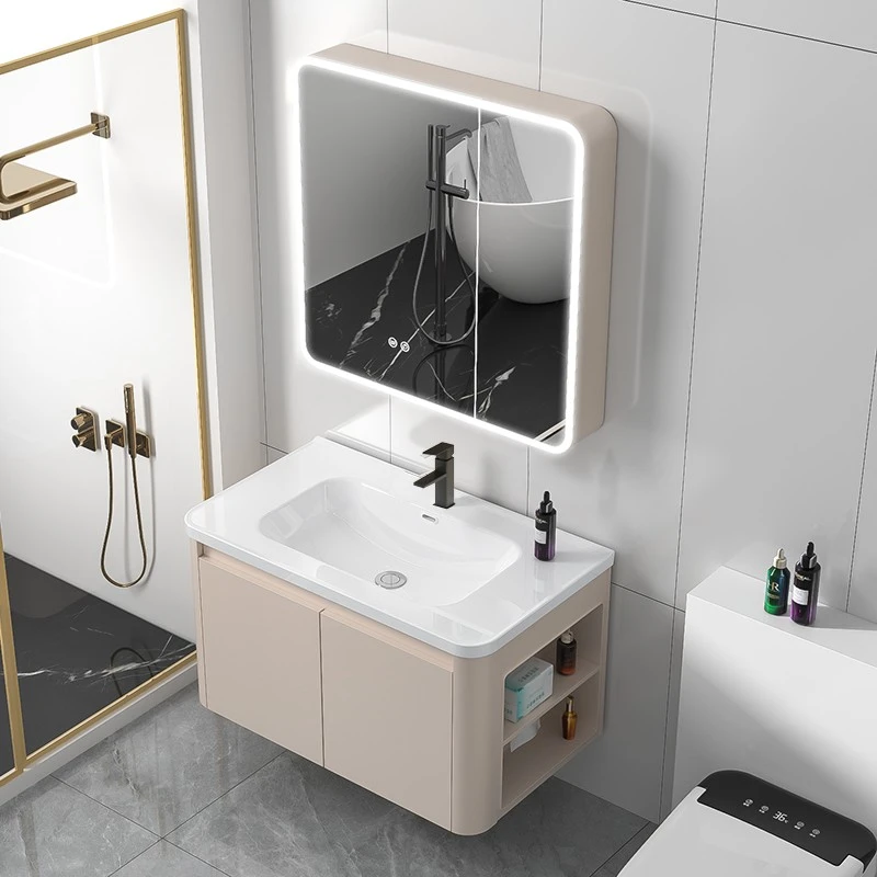 奶油风新款陶瓷一体盆卫生间洗手盆洗漱台组合柜一体盆潮州浴室柜