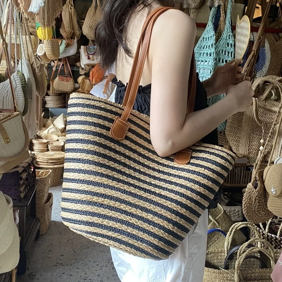 【百搭条纹】沙滩大容量编织托特包女夏季海边休闲度假包单肩腋下包