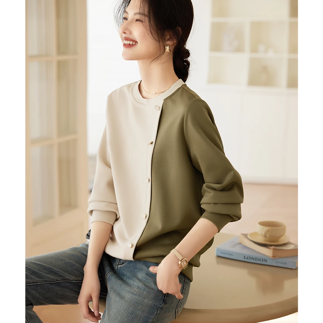 通勤宽松休闲简约拼接撞色卫衣女式时尚百搭设计长袖绿色圆领上衣