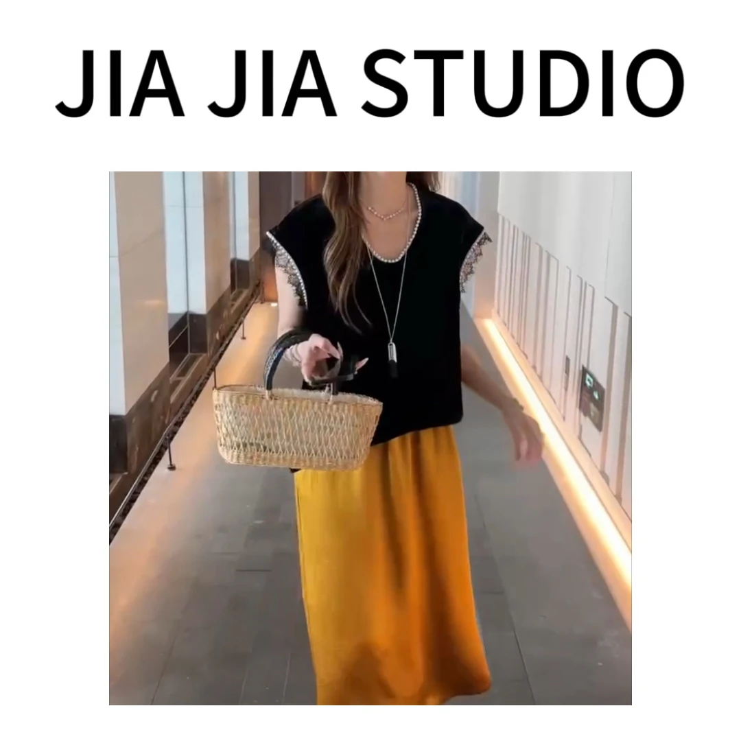 嘉嘉推荐#25225【夏季-薄款】珍珠丝绒蕾丝花边拼接无袖上衣