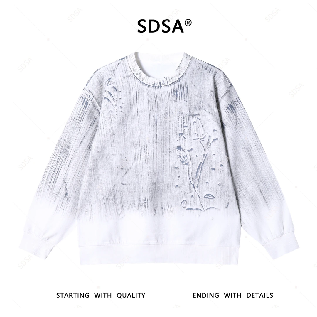 SDSA秋季新款男士痞帅韩式做旧刺绣花朵设计圆领卫衣时尚轻奢上衣