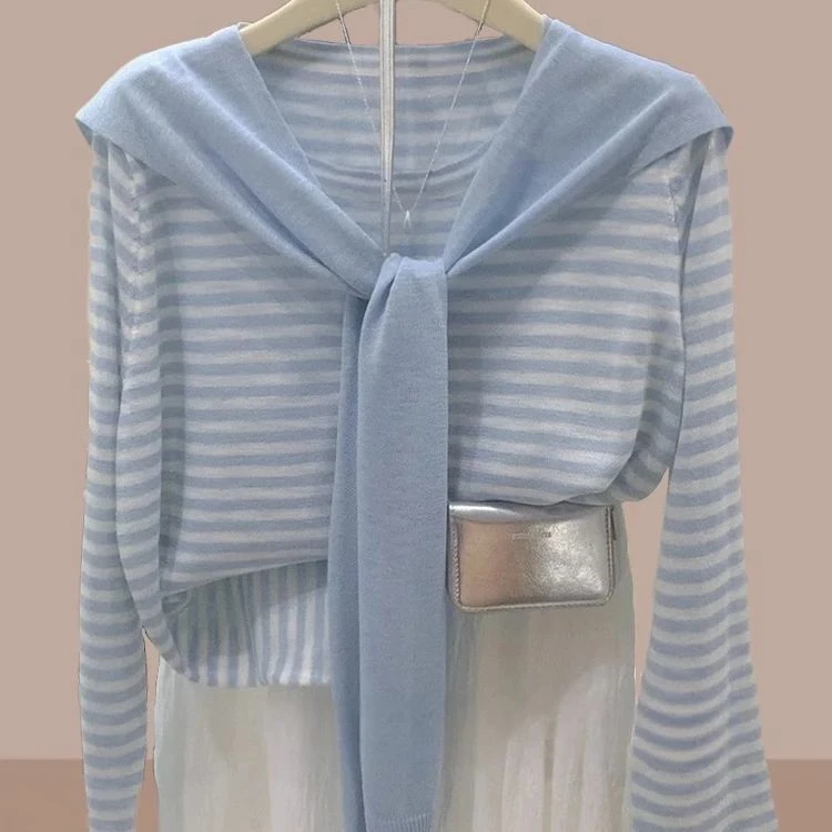 时尚披肩条纹针织T恤女春秋新款宽松洋气显瘦百搭长袖遮肚子上衣