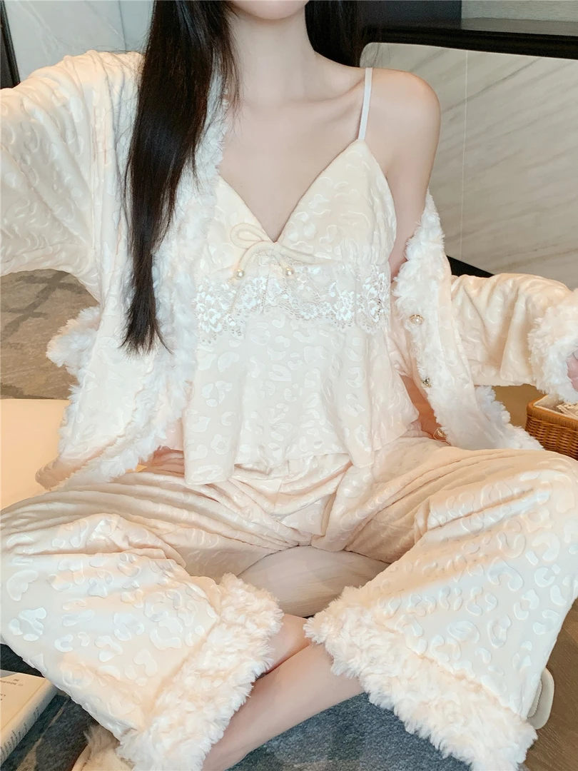 轻奢小香风睡衣女豹纹秋冬季纯欲双面绒家居服保暖海岛绒三件套装