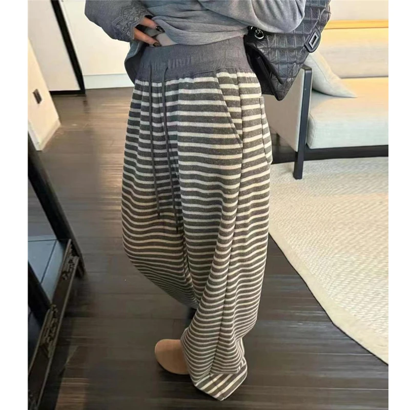针织条纹长裤宽松显瘦休闲裤韩版上班裤子2025秋款慵懒风阔腿裤子