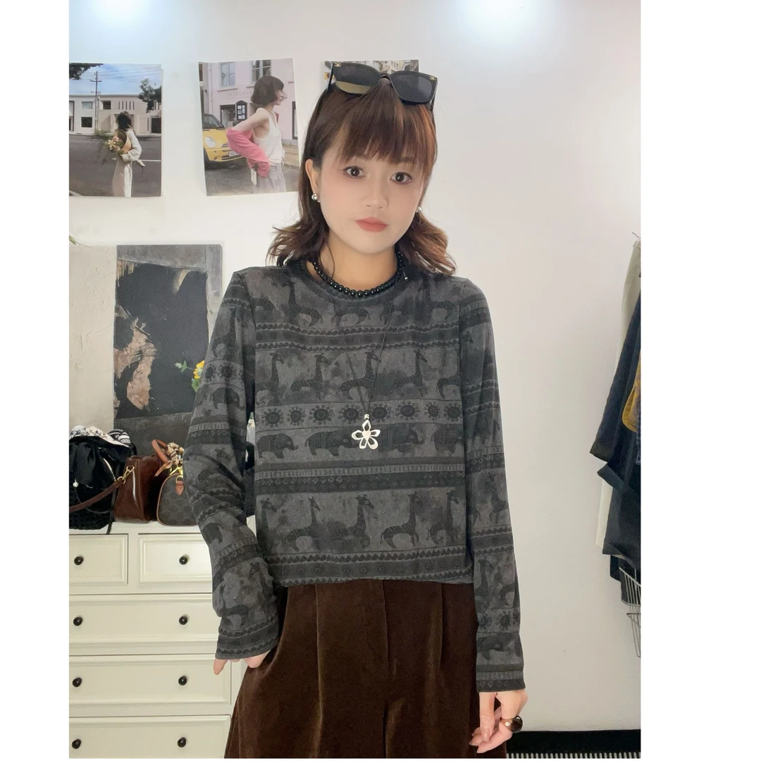 【印象】长袖女百搭秋季纹理印染打底衫圆领打底衫时尚休闲秋冬印花