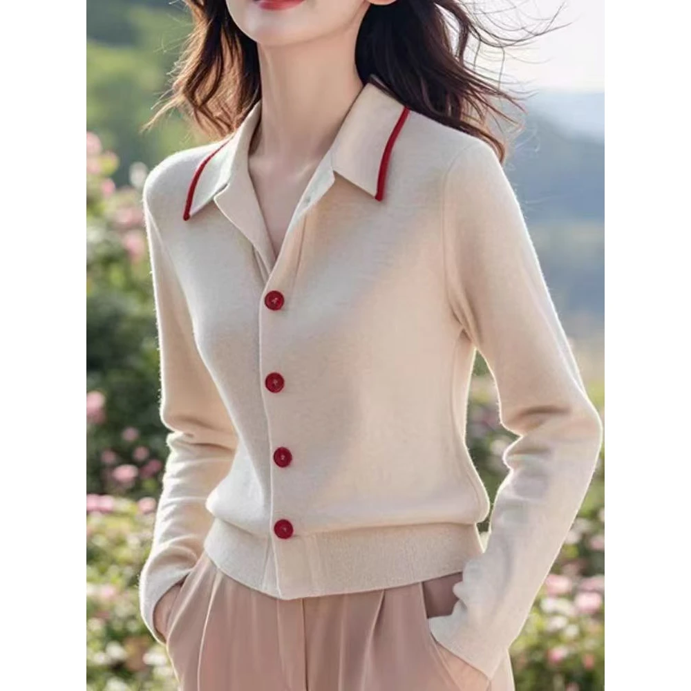 韩系气质米白色翻领单排扣针织衫女秋冬新款高端简约小众显瘦上衣