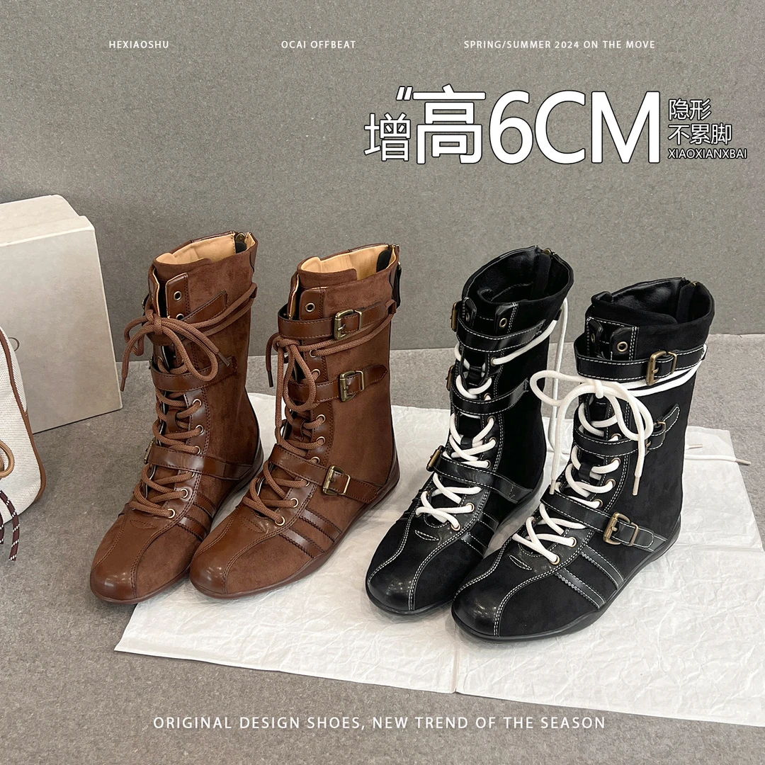 真皮复古显瘦内增高拳击靴美拉德棕色英伦圆头时尚休闲中筒马丁靴