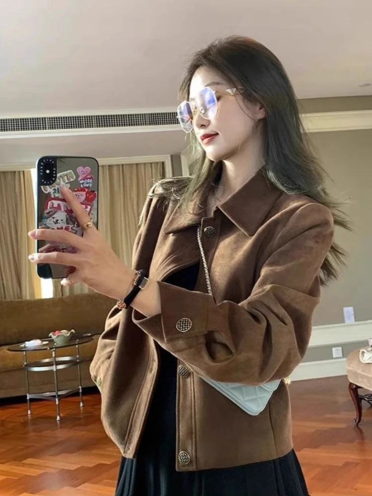 美拉德麂皮绒外套女短款2025春秋新款复古宽松小个子厚款夹克上衣