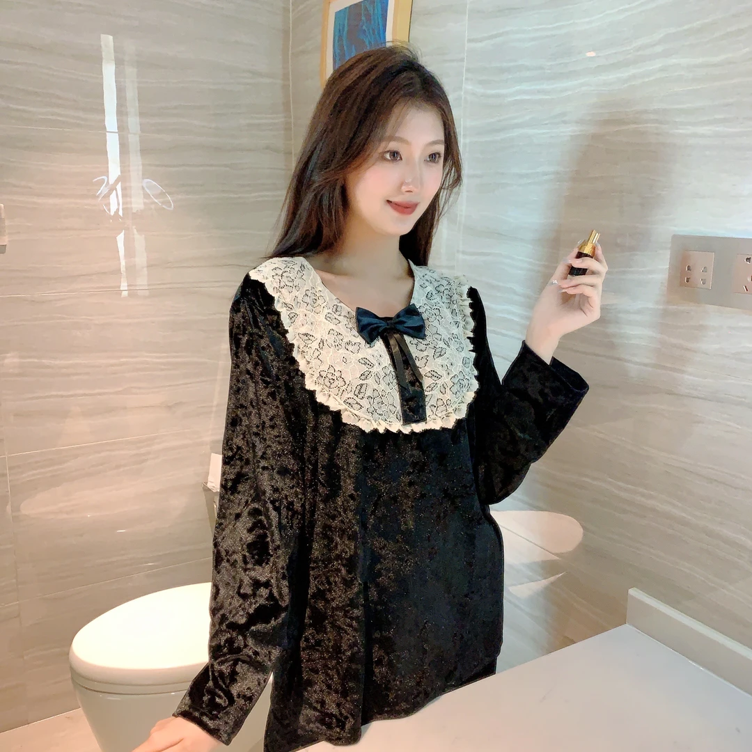 2025新款金钻绒圆领蝴蝶结花边秋冬套头家居服时尚两件套