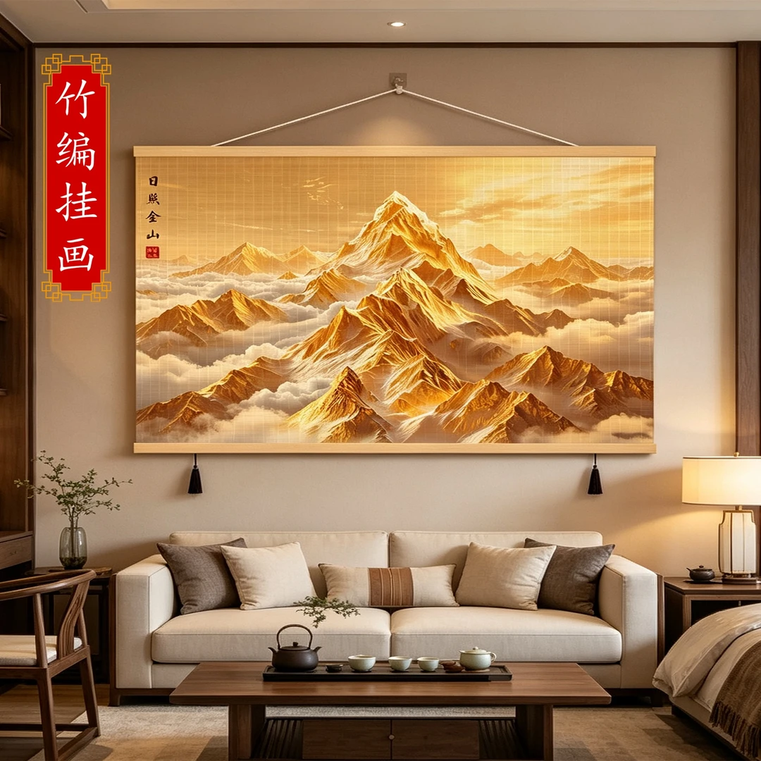 日照金山大气背景墙竹编材质装饰画客厅国风特色靠山风景装饰挂画