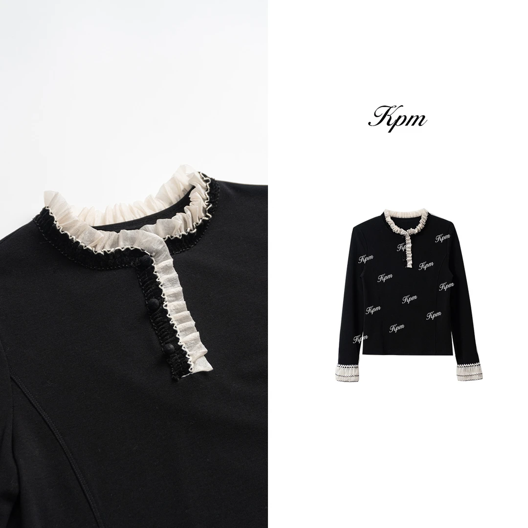 2025冬季新品设计感洋气精致撞色圆领花边减龄百搭长袖上衣JN8937