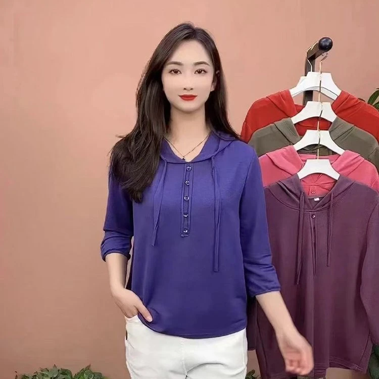 早秋新款高档连帽卫衣七分袖打底衫2024宽松休闲减龄时尚纯色上衣